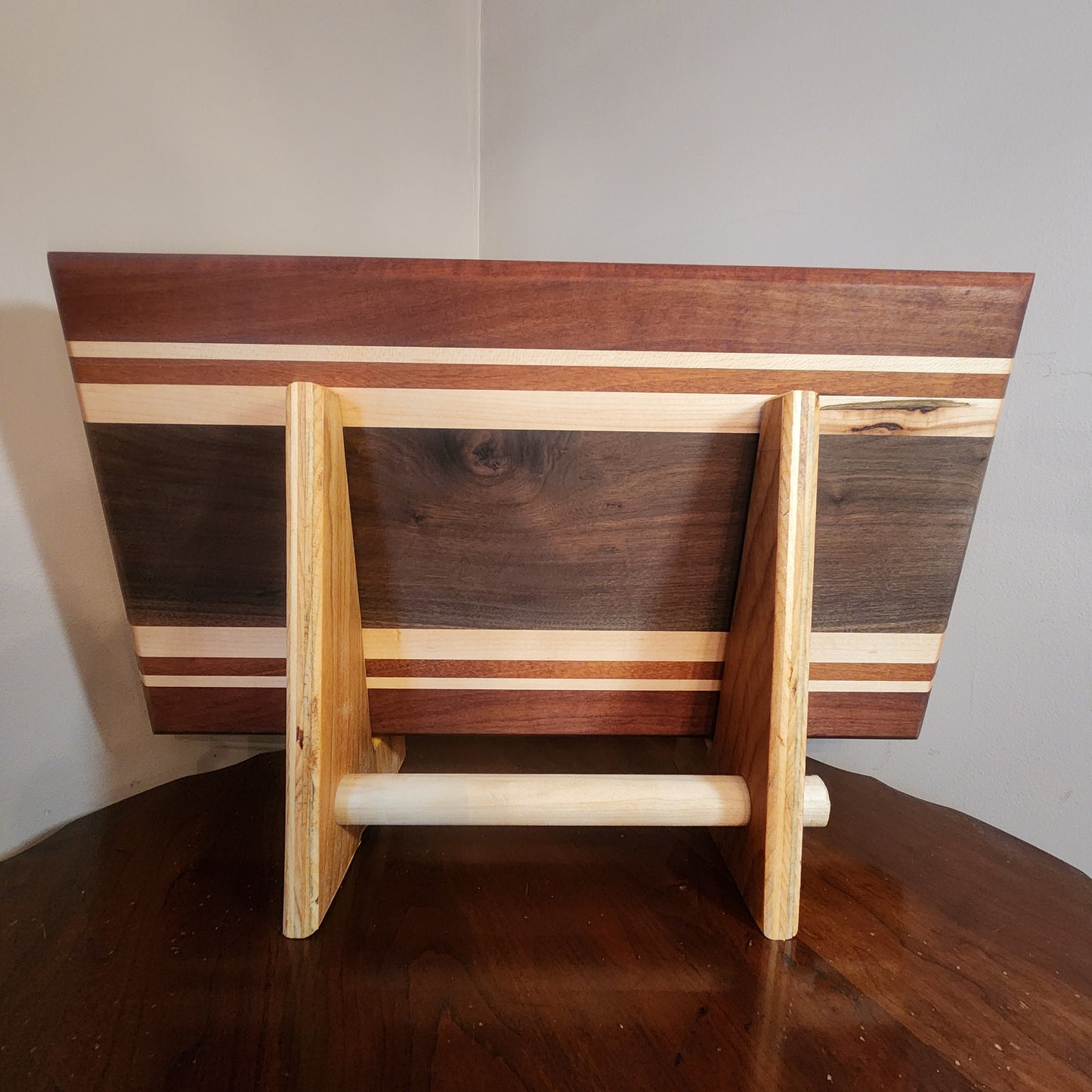 Mahogany, maple, walnut cutting board 19.5"x11"x1.75". display stand sold separately