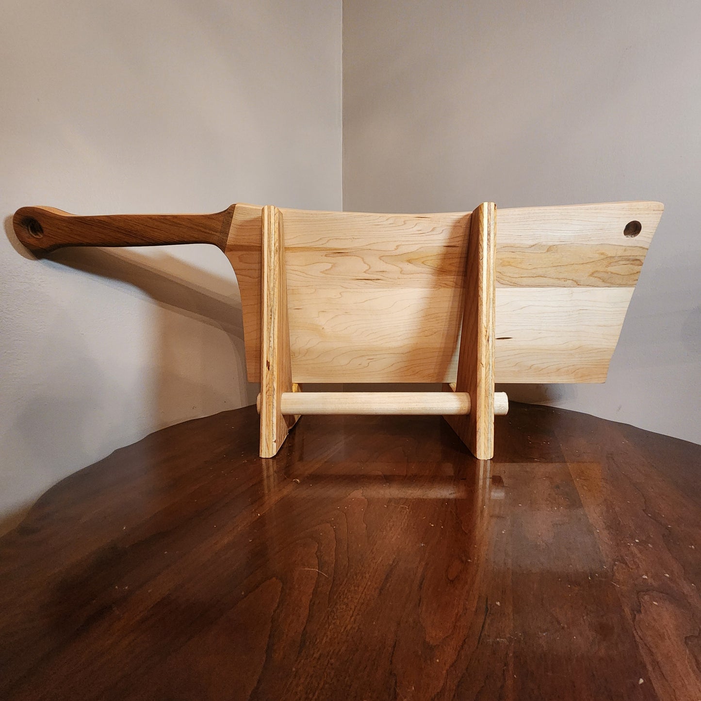 Extra large meat cleaver shaped charcuterie board. Maple with walnut handle. display stand sold separately